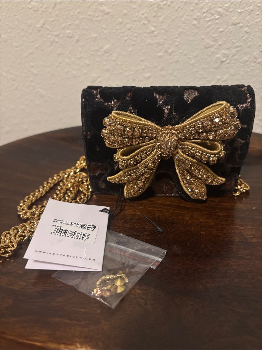 Kurt Geiger Black Velvet Mini Bag with Gold Crystal Bow